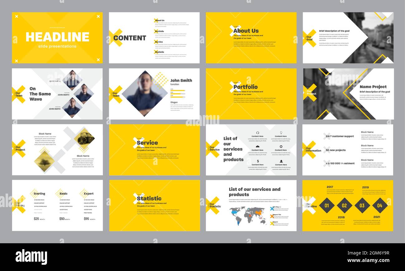 Template of yellow and white presentation slides with rhombus and ...