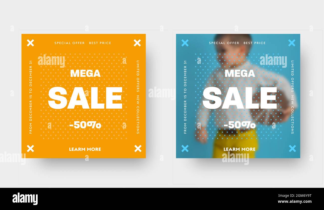 Square vector template of yellow and blue social media banners for big mega sale. Standard size templates with a place for photo and text, a pattern o Stock Vector