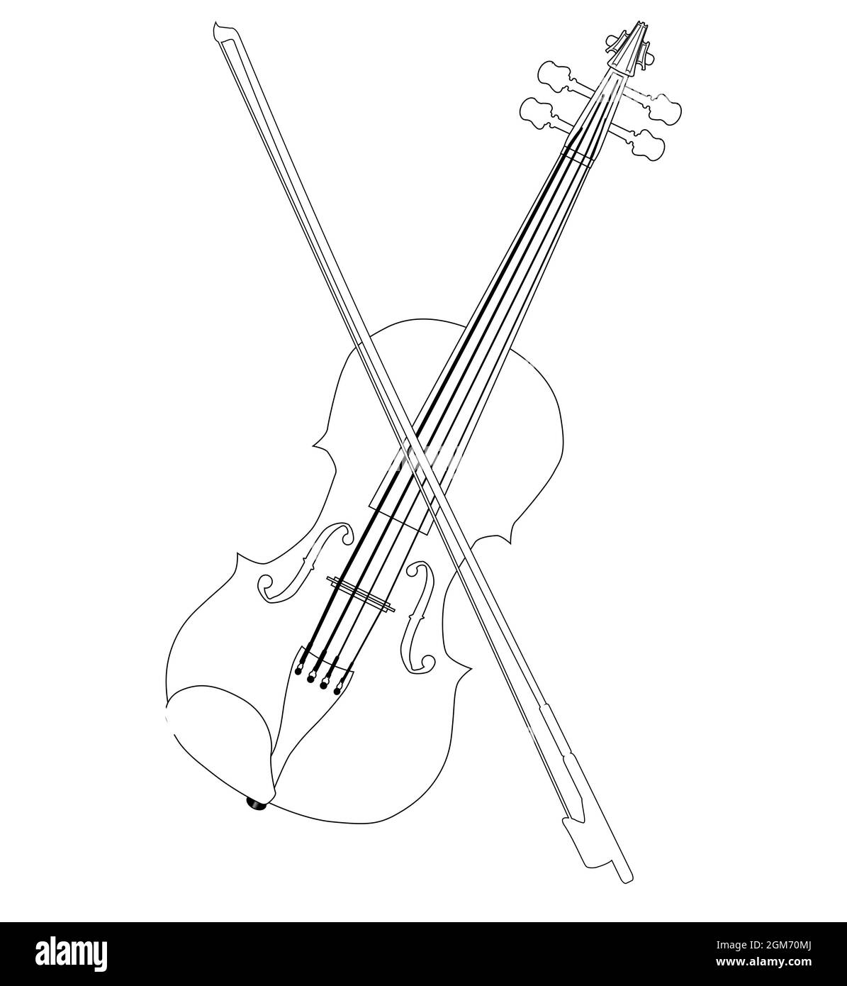 A typical violin and bow in black line drawing isolated over a white background Stock Photo
