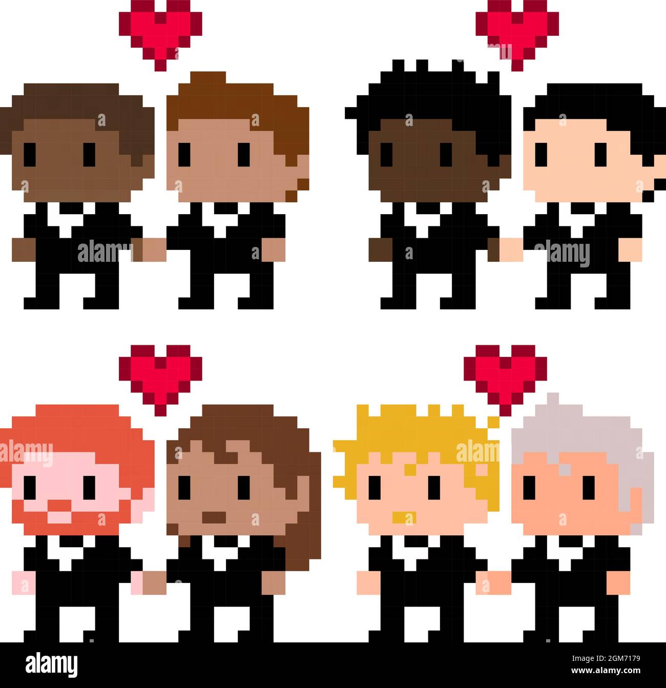Pixel couples of diverse men in love getting married - vector, isolated Stock Vector