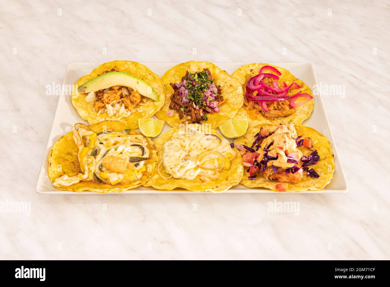 Tray of assorted tacos with corn tortillas, lots of melted cheese, purple onion, pulled pork, avocado, chicken tinga, nopales, birria Stock Photo