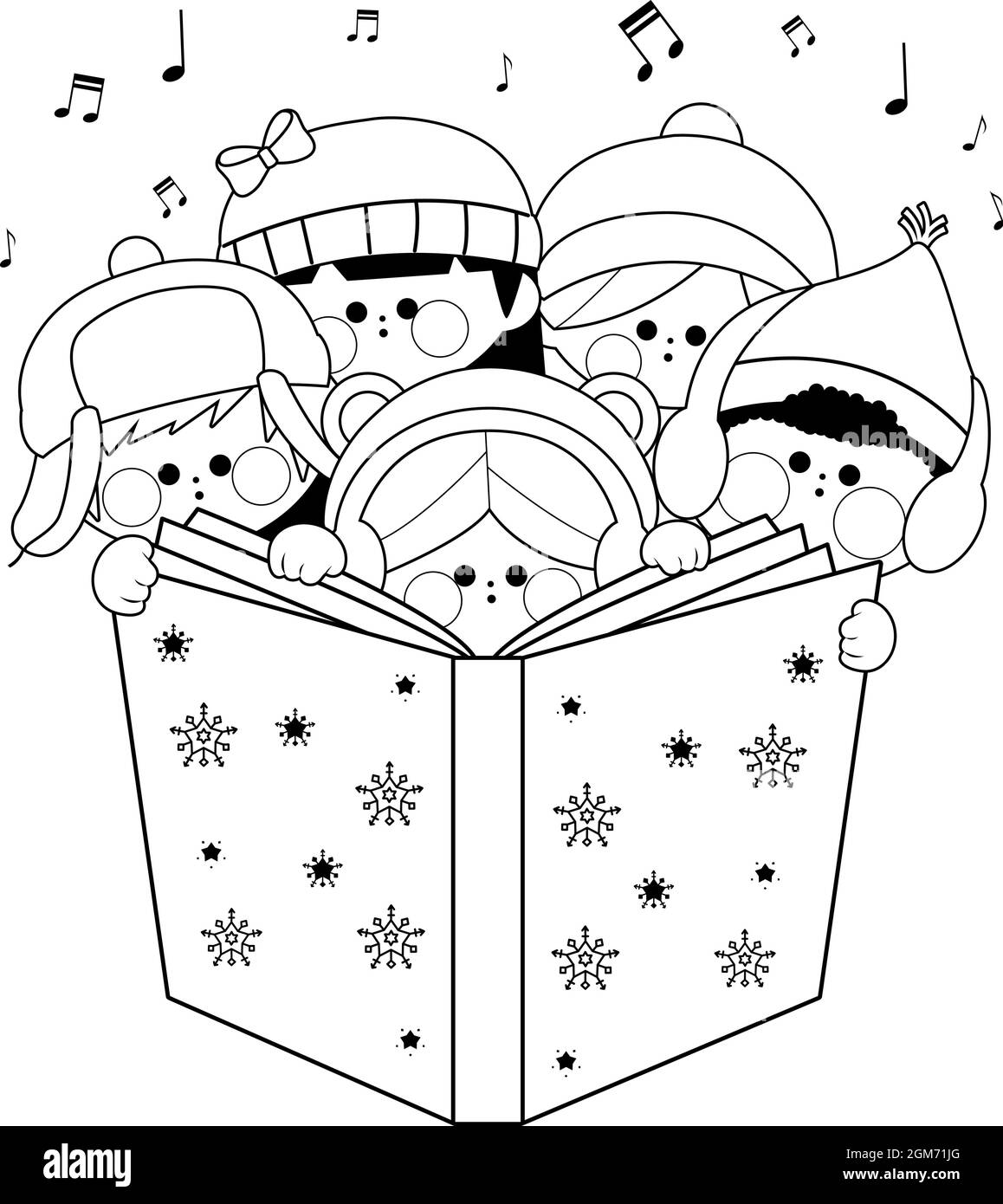 Group of children singing Christmas - Group Of Children Singing Christmas Carols Vector Black And White Coloring Page 2GM71JG