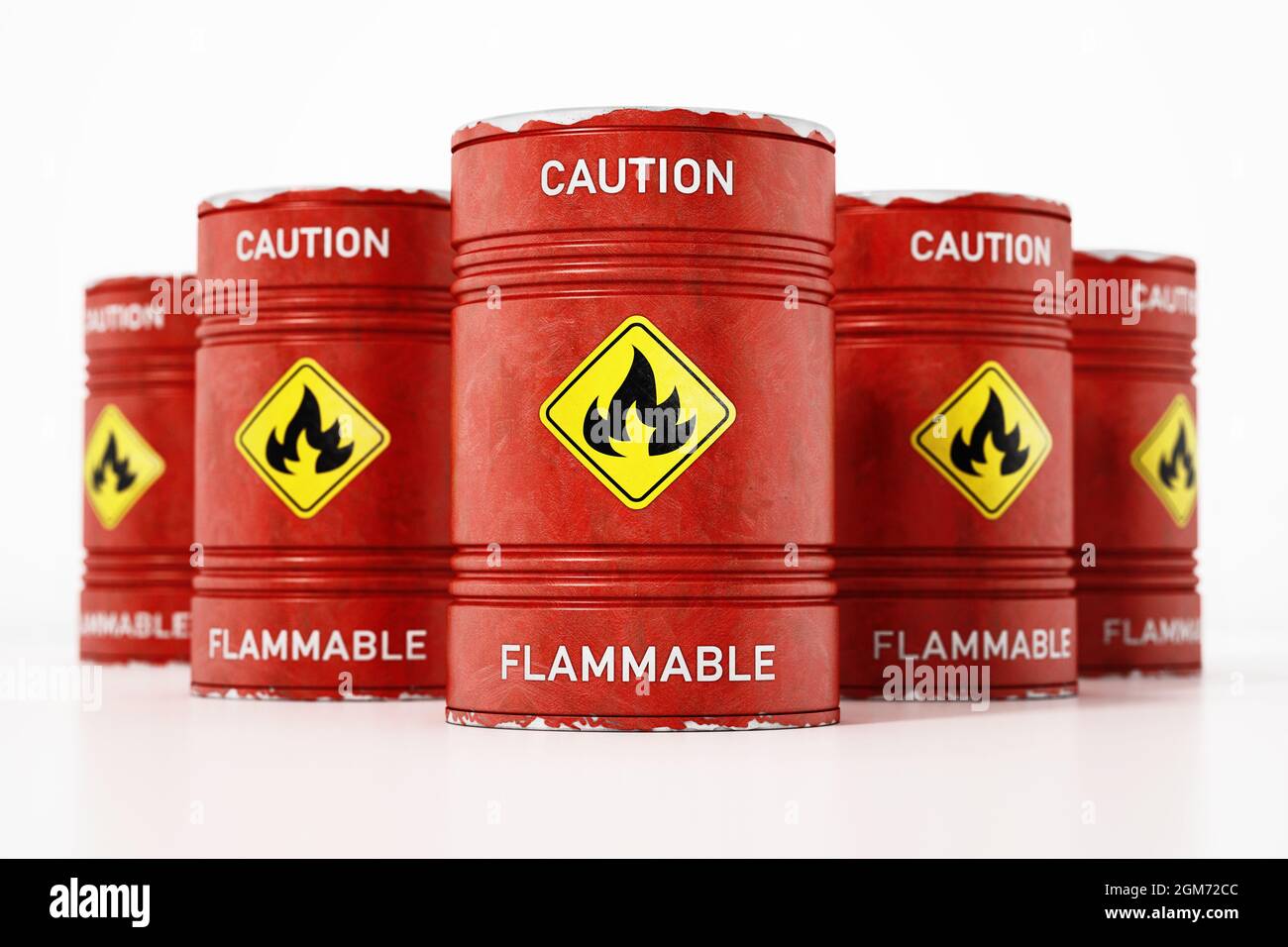 Red barrels with caution flammable warning text and fire symbol isolated on white background. 3D illustration. Stock Photo