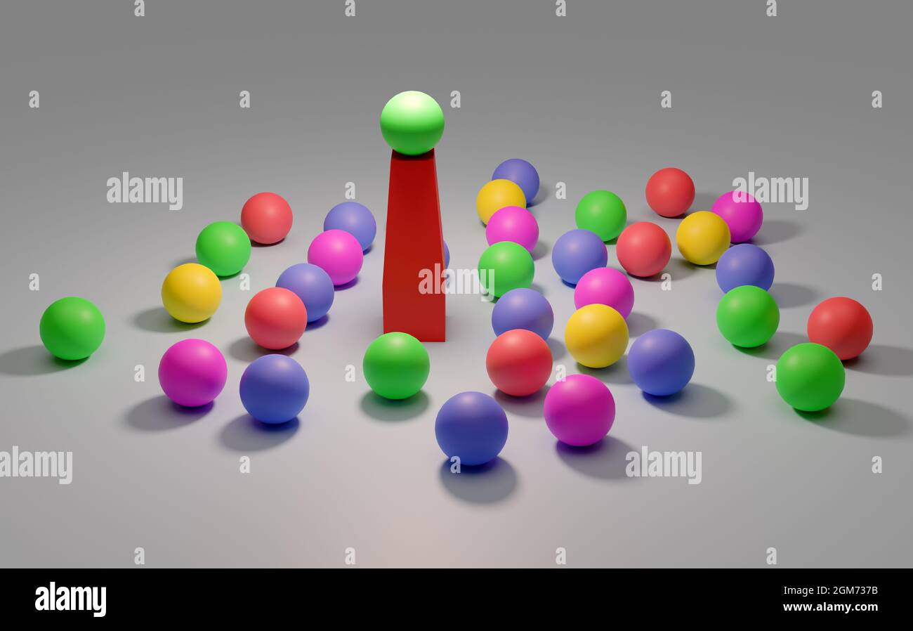 Leadership. Conceptual image of a leader and subordinates. Business teamwork. Colorful balloons. Stock Photo