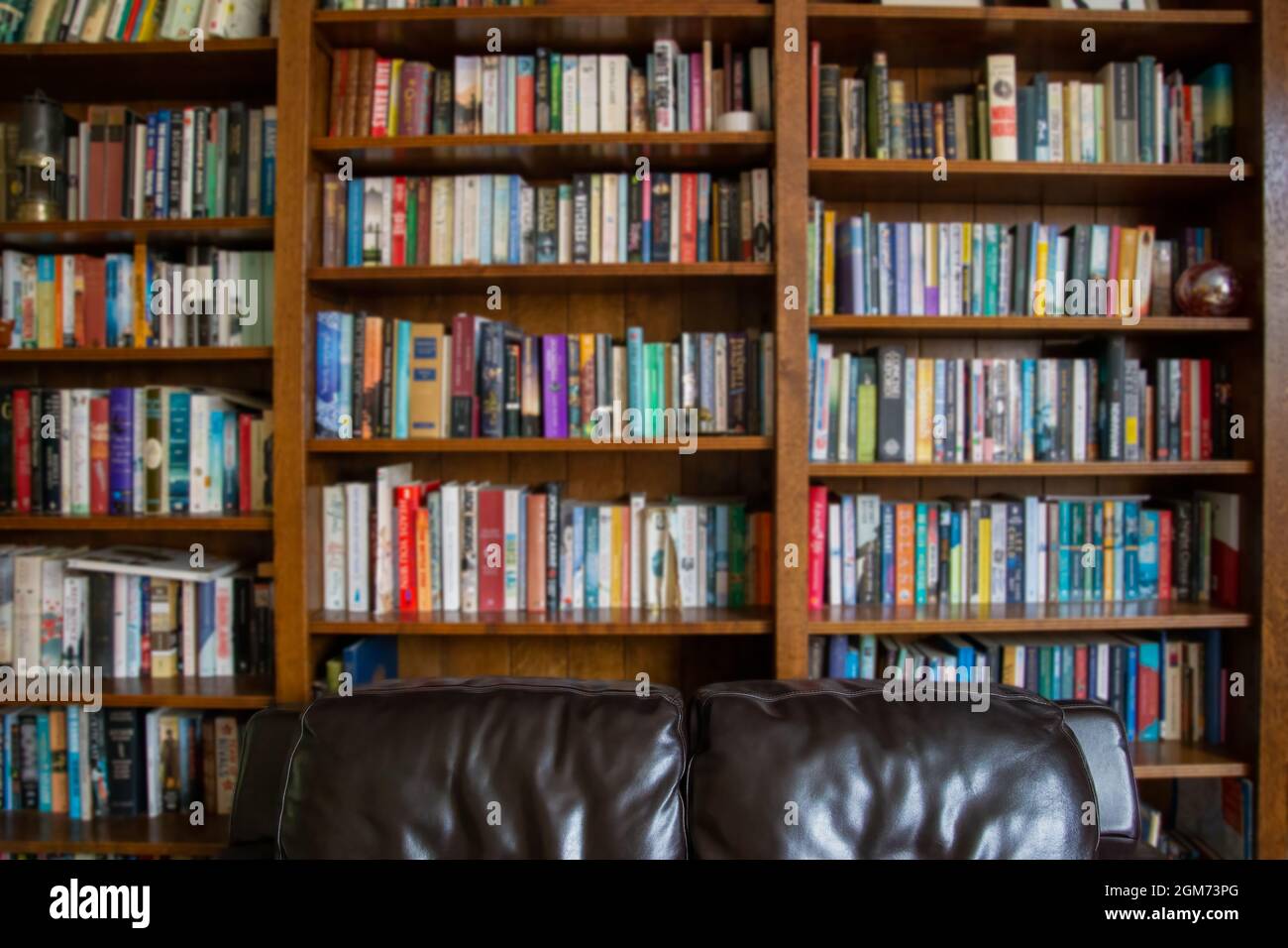 Wooden bookcase filled with blurred books, and a leather sofa in the foreground, in a UK home setting Stock Photo