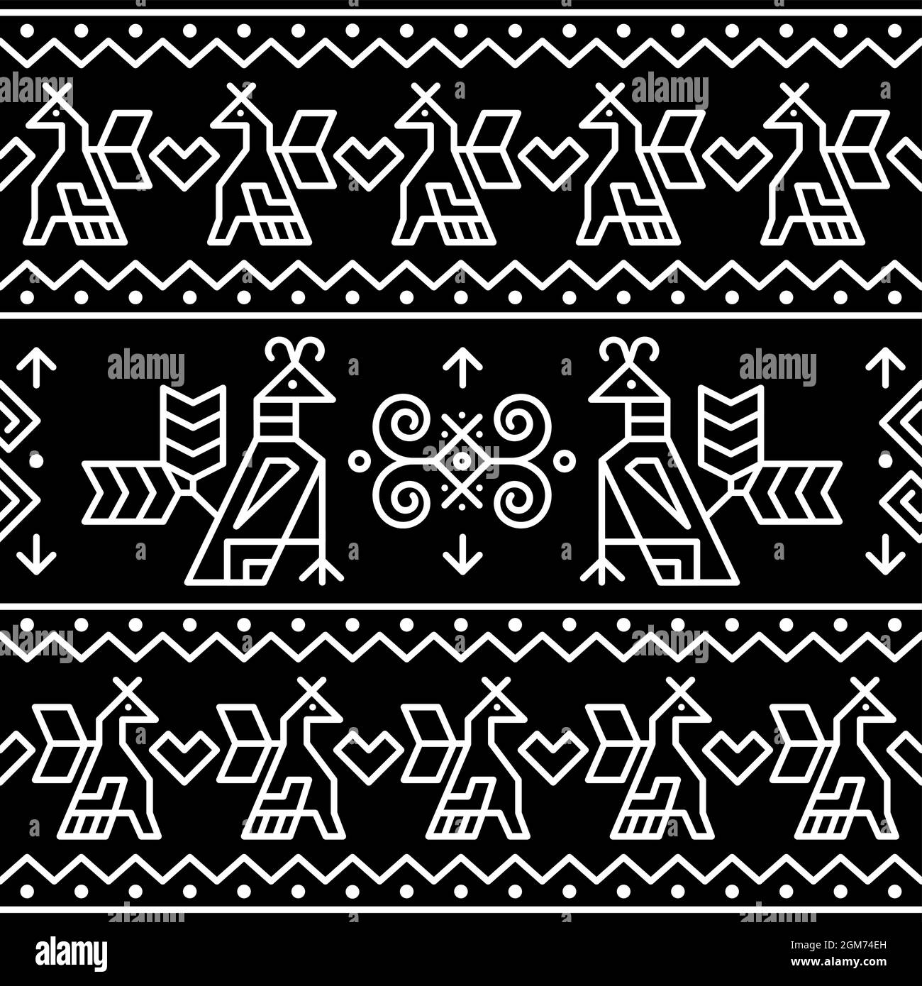Slovak tribal folk art vector seamless geometric birds pattern inspired by traditional painted hourses from village Cicmany in Zilina region, Slovakia Stock Vector