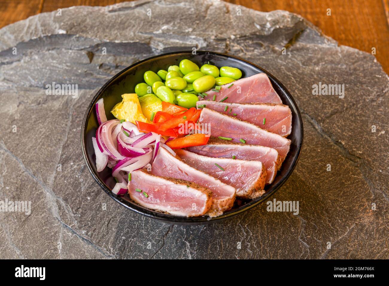 Marked on the Iron Bluefin Tuna Tataki Bowl with Edamame, Chopped Red
