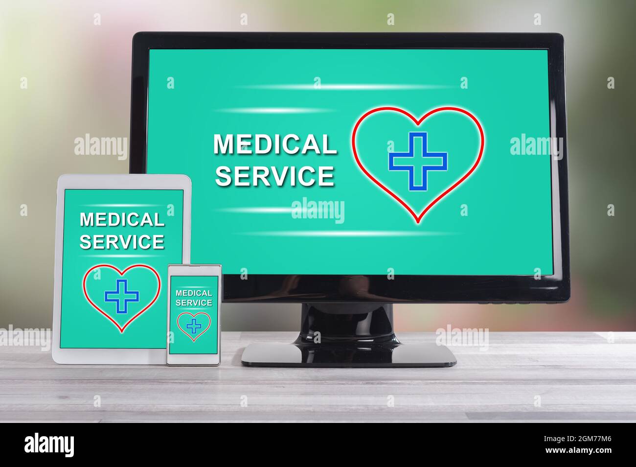 Medical service concept shown on different information technology devices Stock Photo