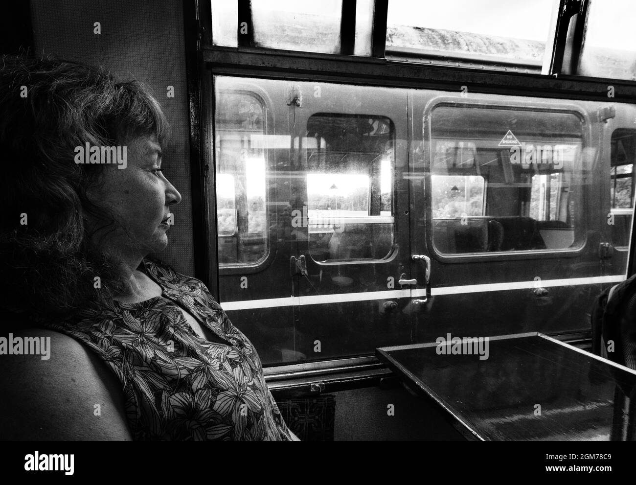Steam train travel - a woman travelling in a vintage steam train carriage, UK. See also 2GM788E Stock Photo