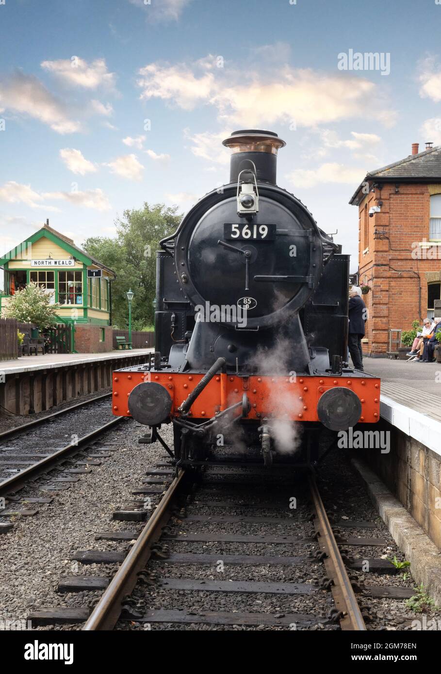 Epping Ongar railway,  A heritage railway.  A steam train in North Weald Station, with steam engine, Epping, Essex UK Stock Photo