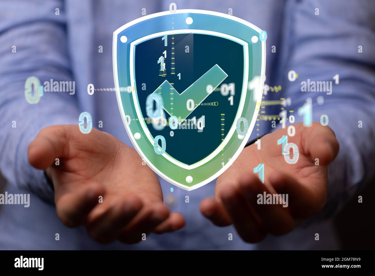 3D rendering of a shield with check and binary codes on a male's hand ...