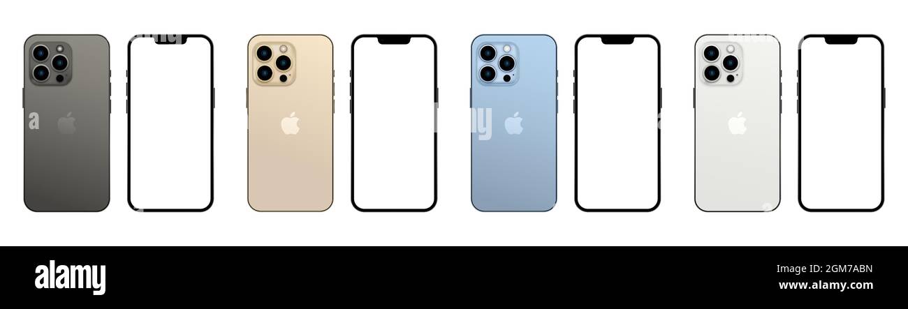 Set of New iphone 13 pro in four colors  (Sierra Blue, Silver, Gold, and Graphite) by Apple Inc. Mock up screen iphone and back side phone. Vector ill Stock Vector