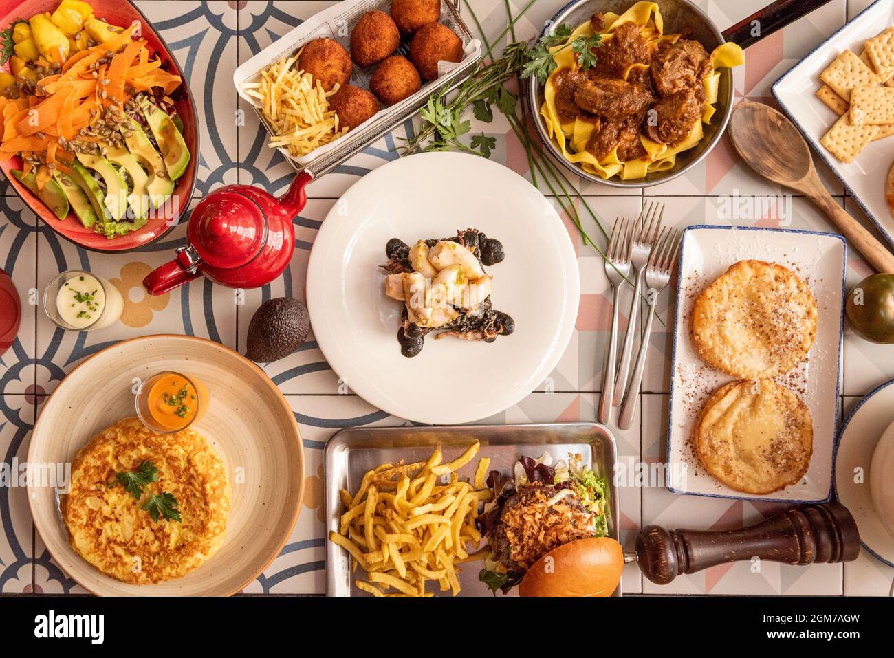 top view image of typical dishes of Spanish gastronomy. Iberian ham