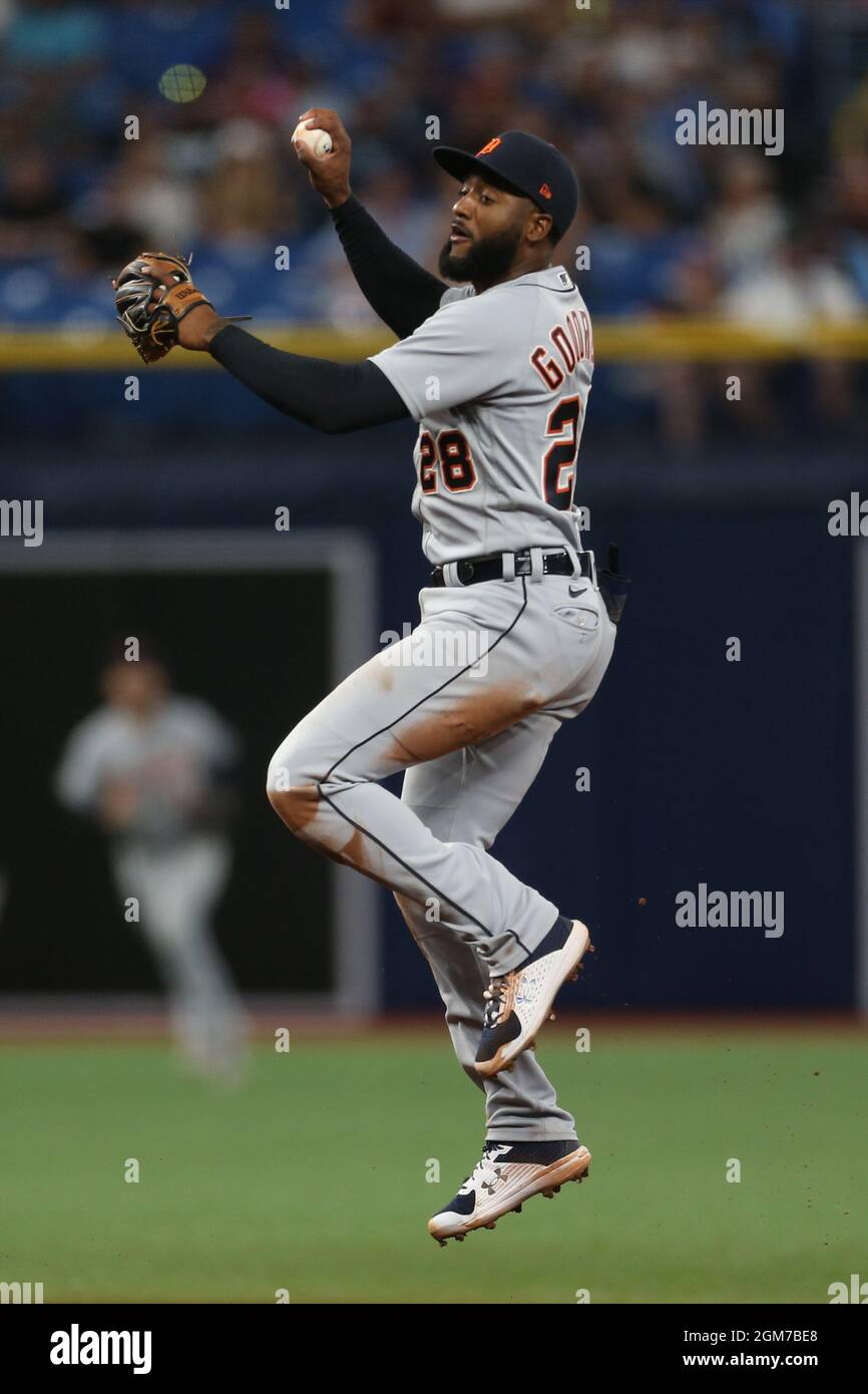 St. Petersburg, FL. USA;  Detroit Tigers third baseman Niko Goodrum (28) jumps up and grabs a ball that almost went over his head and throws to first Stock Photo