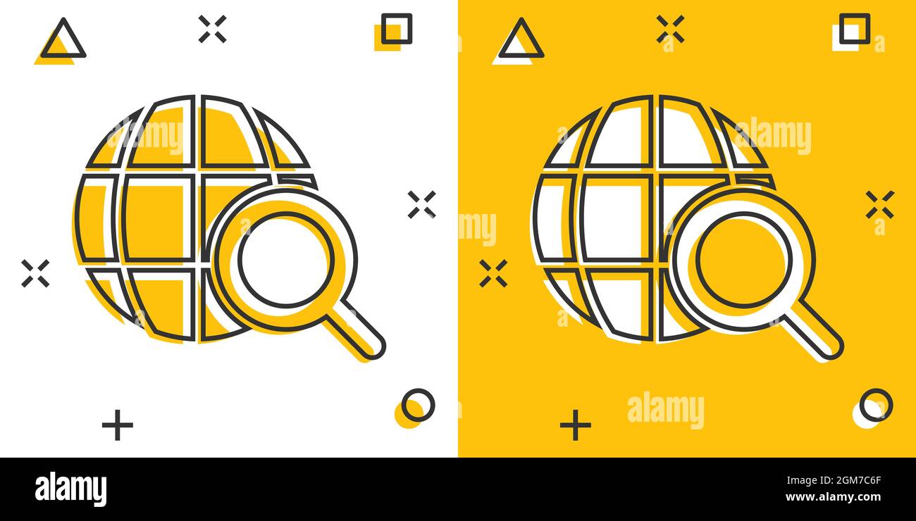 Globe search icon in comic style. Network navigation cartoon vector ...