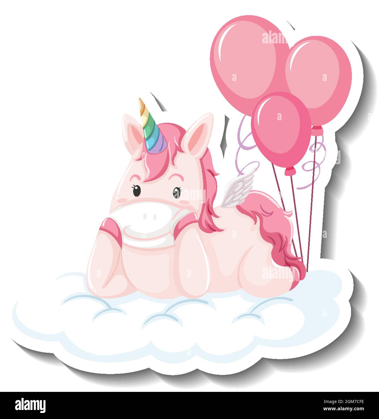 Cute unicorn laying on the cloud on white background illustration Stock ...