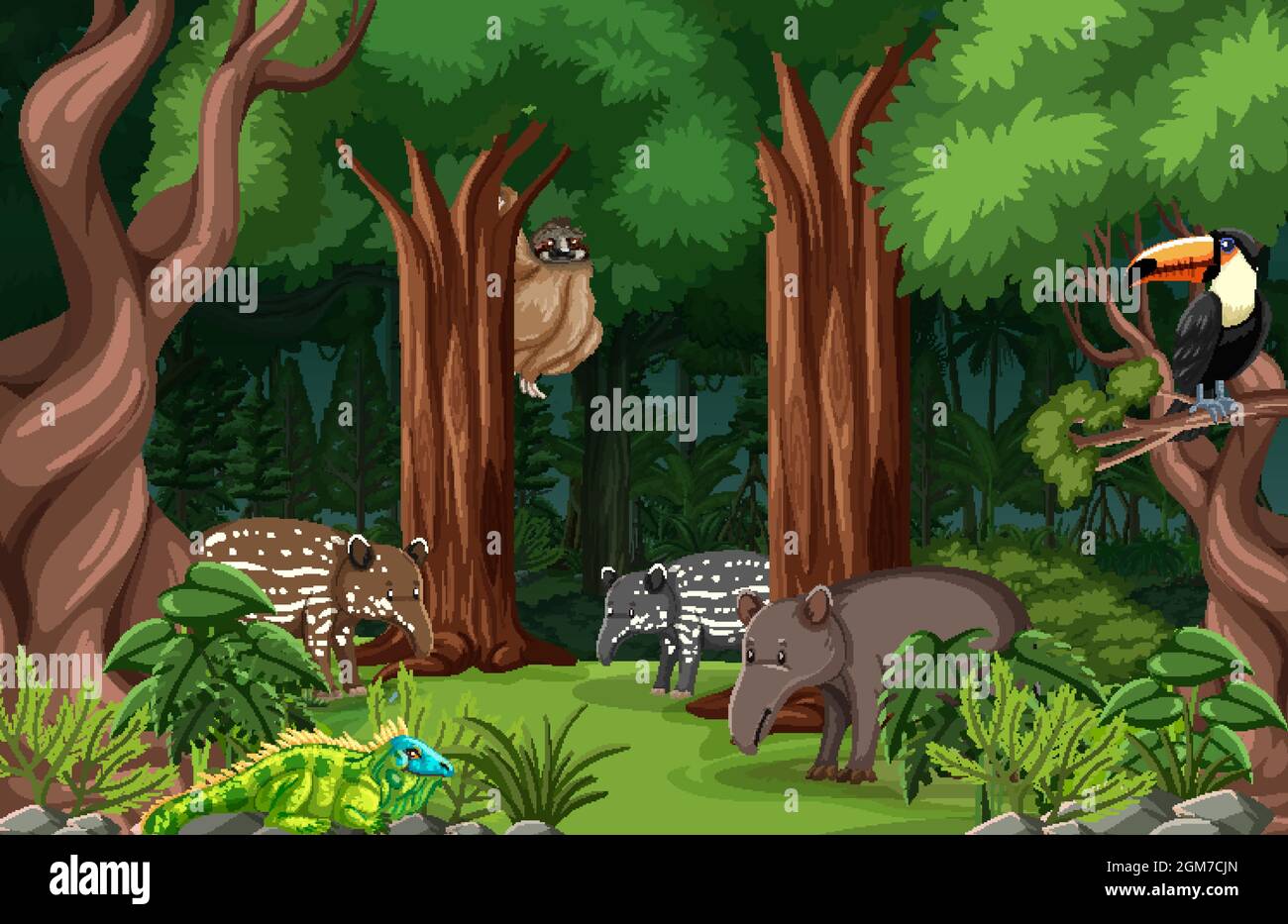 Wild animals in forest landscape background illustration Stock Vector ...