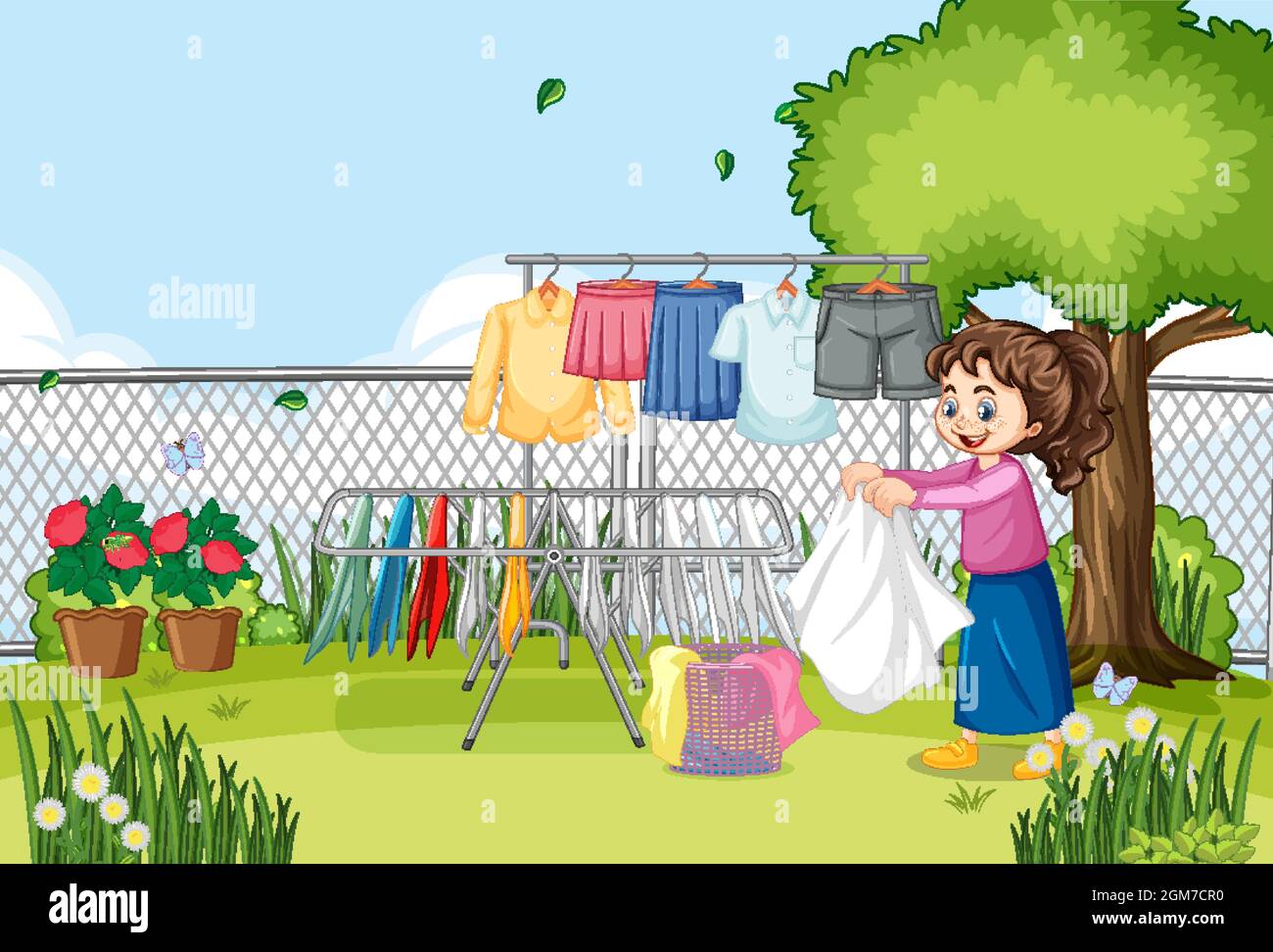 Outdoor Scene With A Girl Hanging Clothes On Clotheslines Illustration outdoor-scene-with-a-girl-hanging-clothes-on-clotheslines-illustration