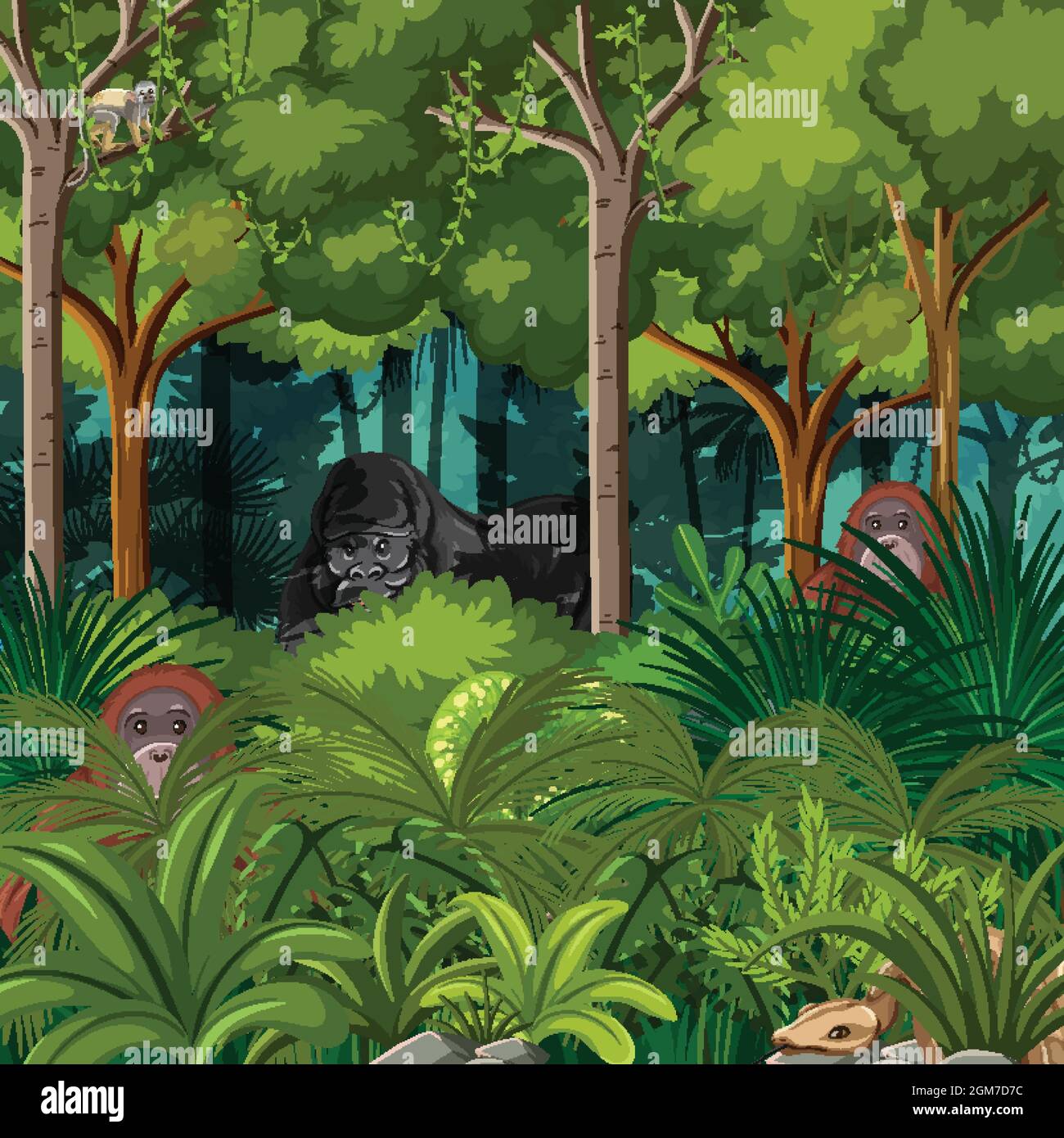 Wild animals in forest landscape background illustration Stock Vector ...