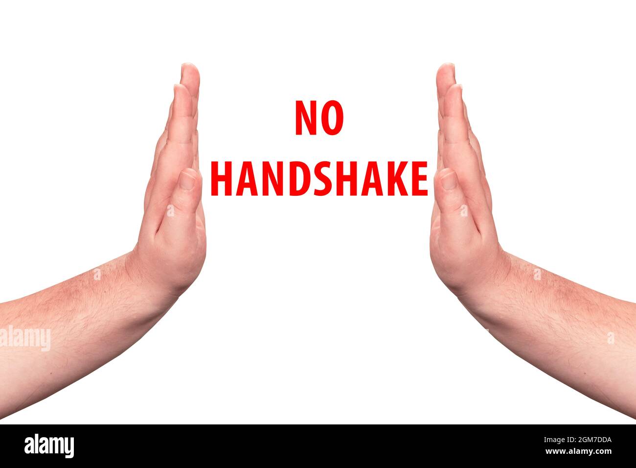 no handshake concept. isolated handshake prohibition sign on white background. Stock Photo