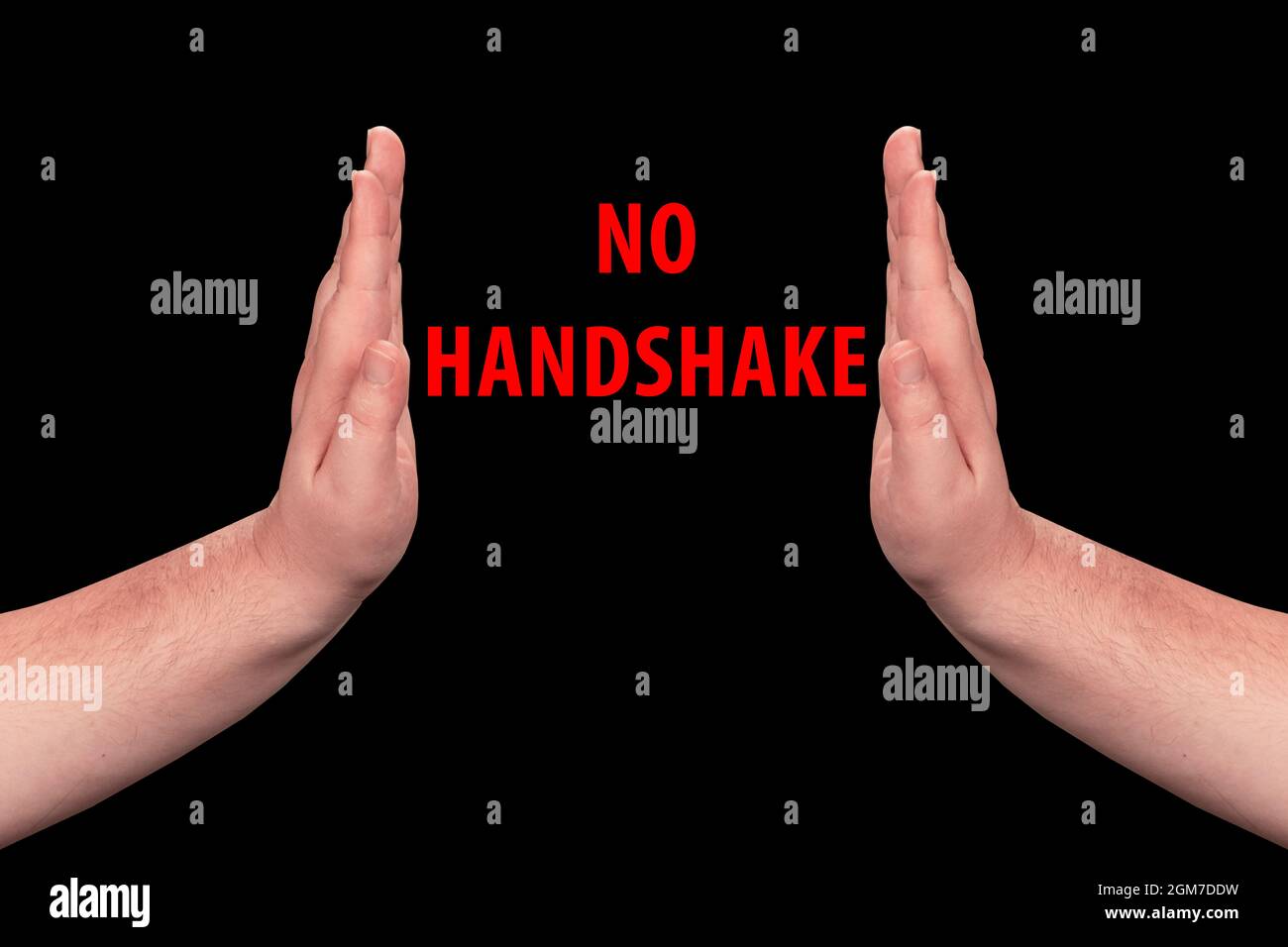 no handshake concept or two man hands giving high five isolated. copy space. black background. Stock Photo
