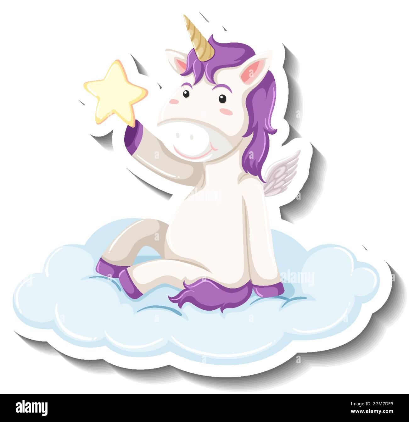 Cute unicorn sitting on the cloud on white background illustration ...