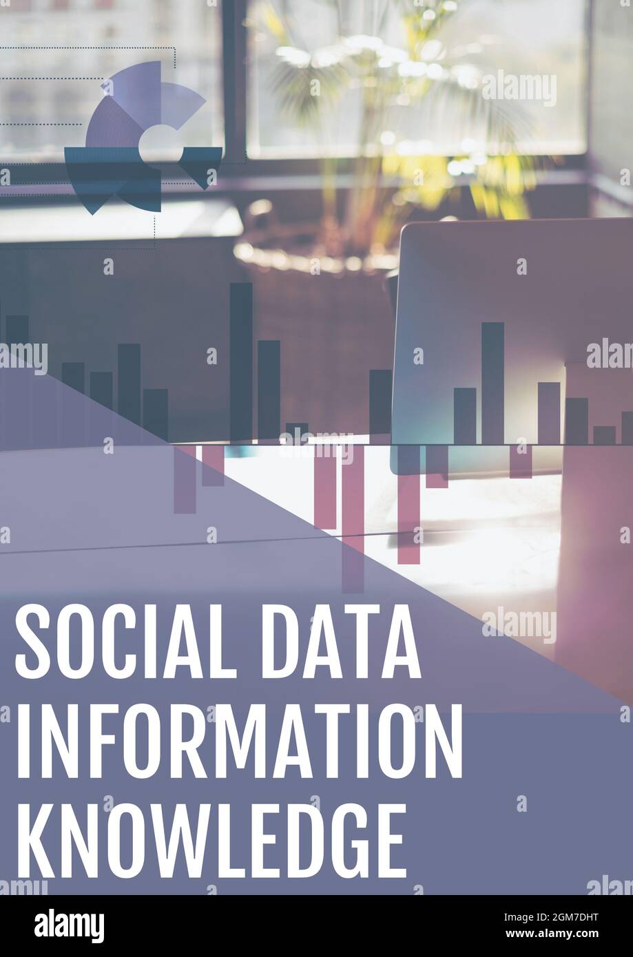 Social data information knowledge text on blue banner and bar graph icon against office Stock Photo