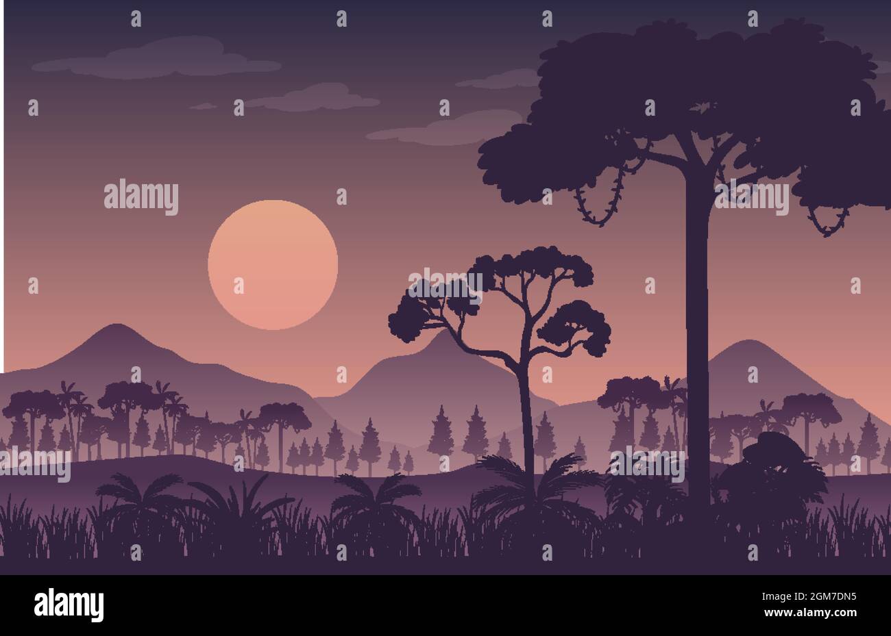 Silhouette twilight forest landscape background illustration Stock ...
