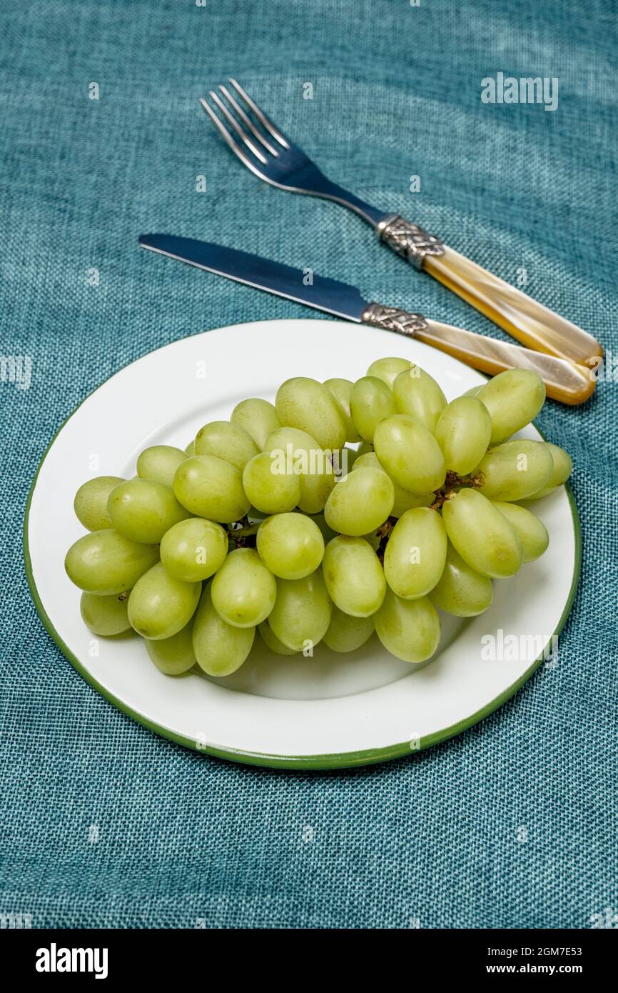 Plate of white dessert grapes on enameled metal plate with vintage cutlery Stock Photo
