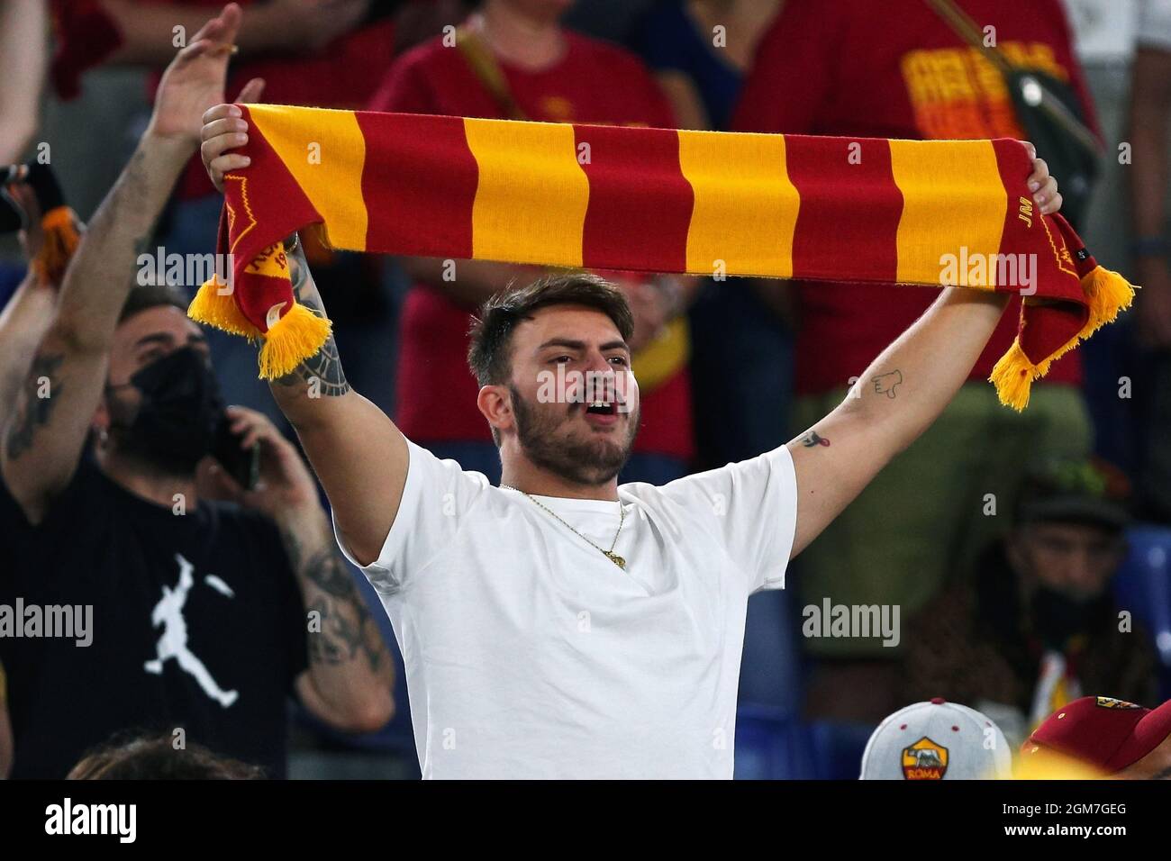 A supporters of Roma shows his scarf during the Conference League, Group  Stage, Group C football match between AS Roma and CSKA Sofia on September  16, 2021 at Stadio Olympico in Roma,