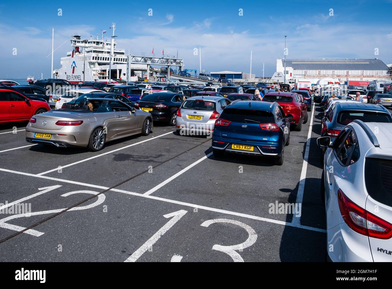 Cars waiting to get on the Red Funnel Isle of Wight ferry at East Cowes