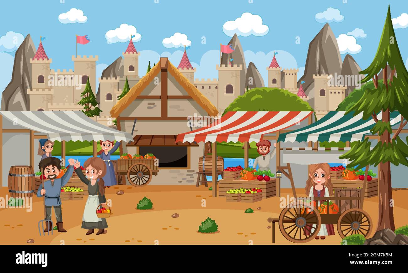Medieval town scene with villagers illustration Stock Vector Image ...
