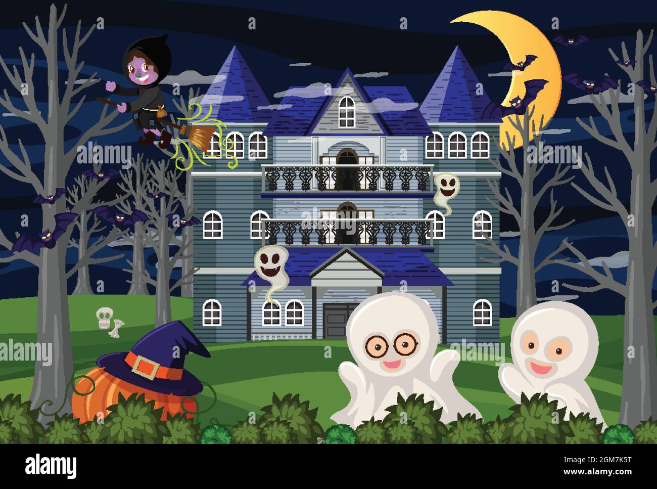 Scene with halloween haunted mansion at night illustration Stock Vector ...