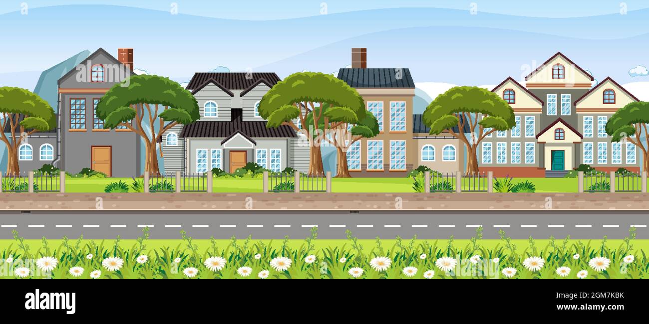 Landscape scene with street and houses illustration Stock Vector Image ...