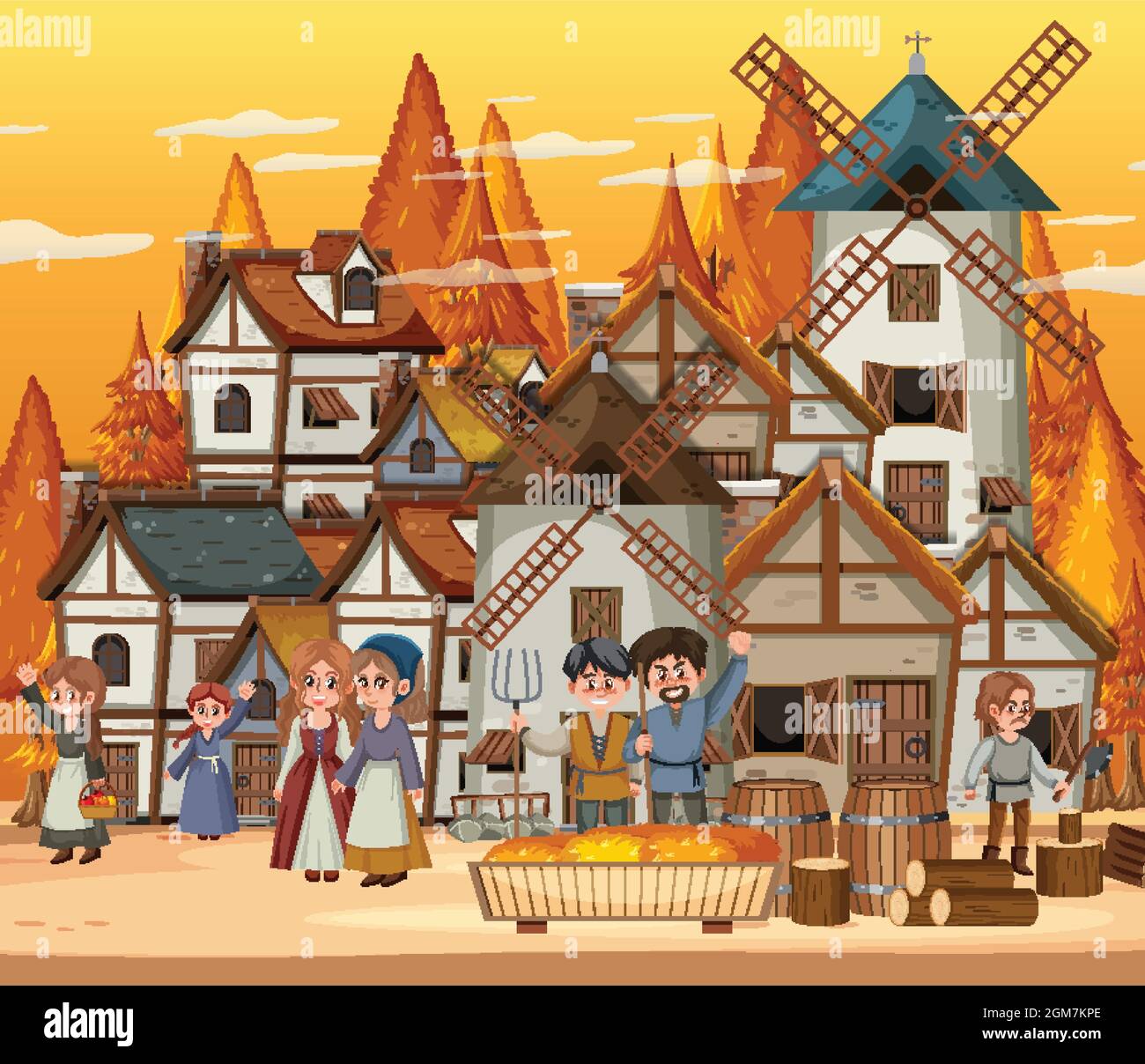 Medieval town at sunset time scene with villagers illustration Stock ...