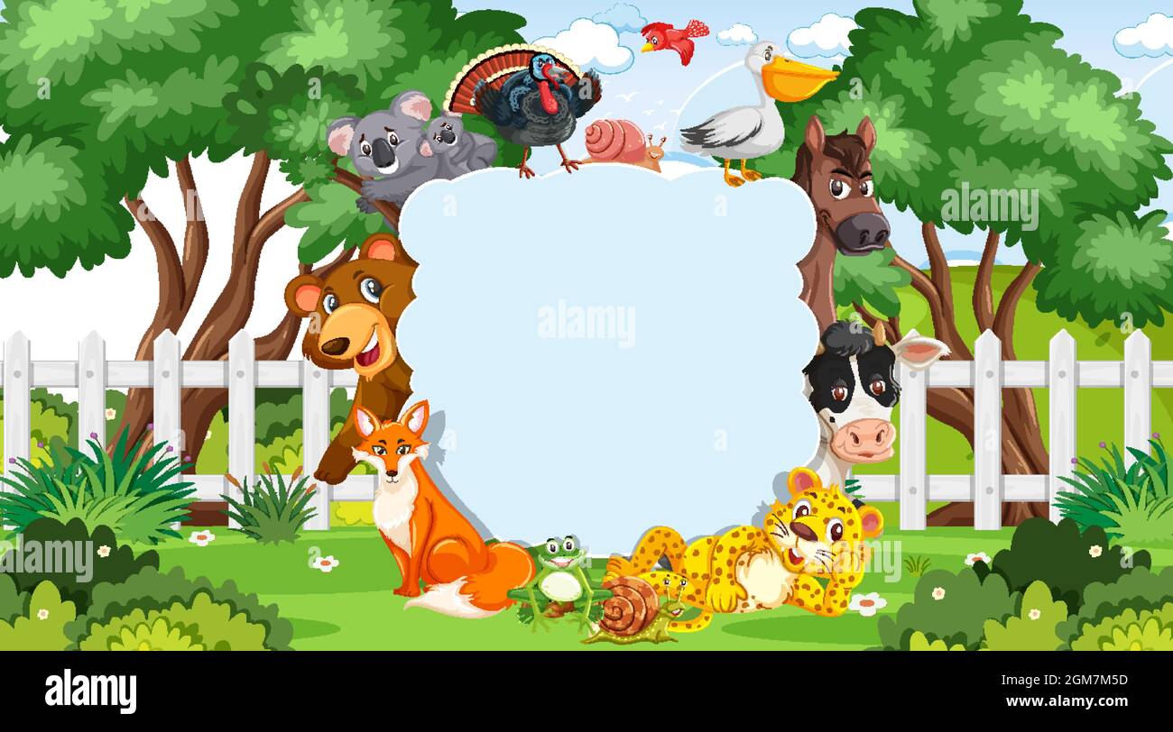 Empty banner with various wild animals in the park illustration Stock ...