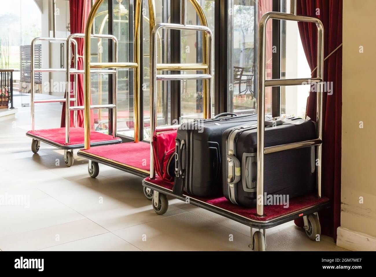Hotel luggage cart / baggage trolley in the hotel lobby hallway