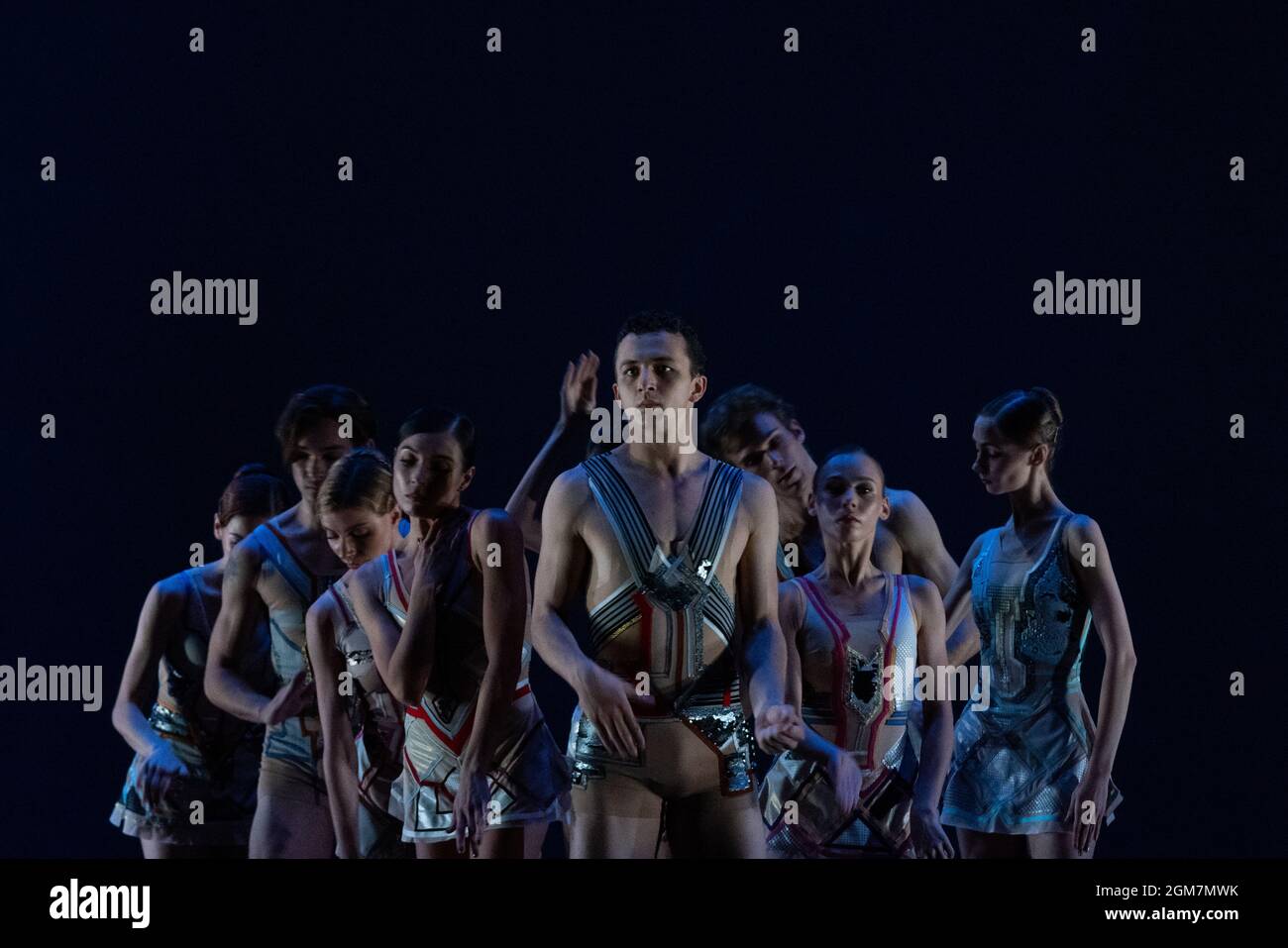 Ukrainian Ballet Gala at Sadler’s Wells. Premiere of Ludovic Ondiviela’s System A/I, a piece in which dancers ponder “the consequences of a scenario in which artificial intelligence has replaced human connection and what that could mean for our emotional lives”. Ukrainian dancers from American Ballet Theatre, Wiener Staatsballett, Lithuanian National Ballet and Toulouse Ballet du Capitole join with stars from The Royal Ballet and English National Ballet. Curated by the Ukrainian dancer (and former Royal Ballet star) Ivan Putrov and British-Ukrainian theatre director Olga Danylyu. London, UK. Stock Photo