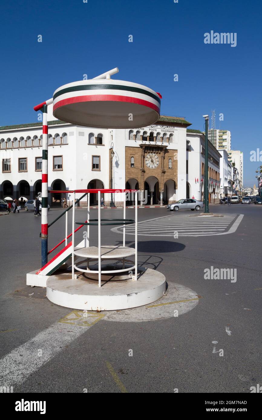 Elevated post where an urban traffic guard is located in the center of Rabat, the capital of Morocco. The guard is at lunchtime Stock Photo