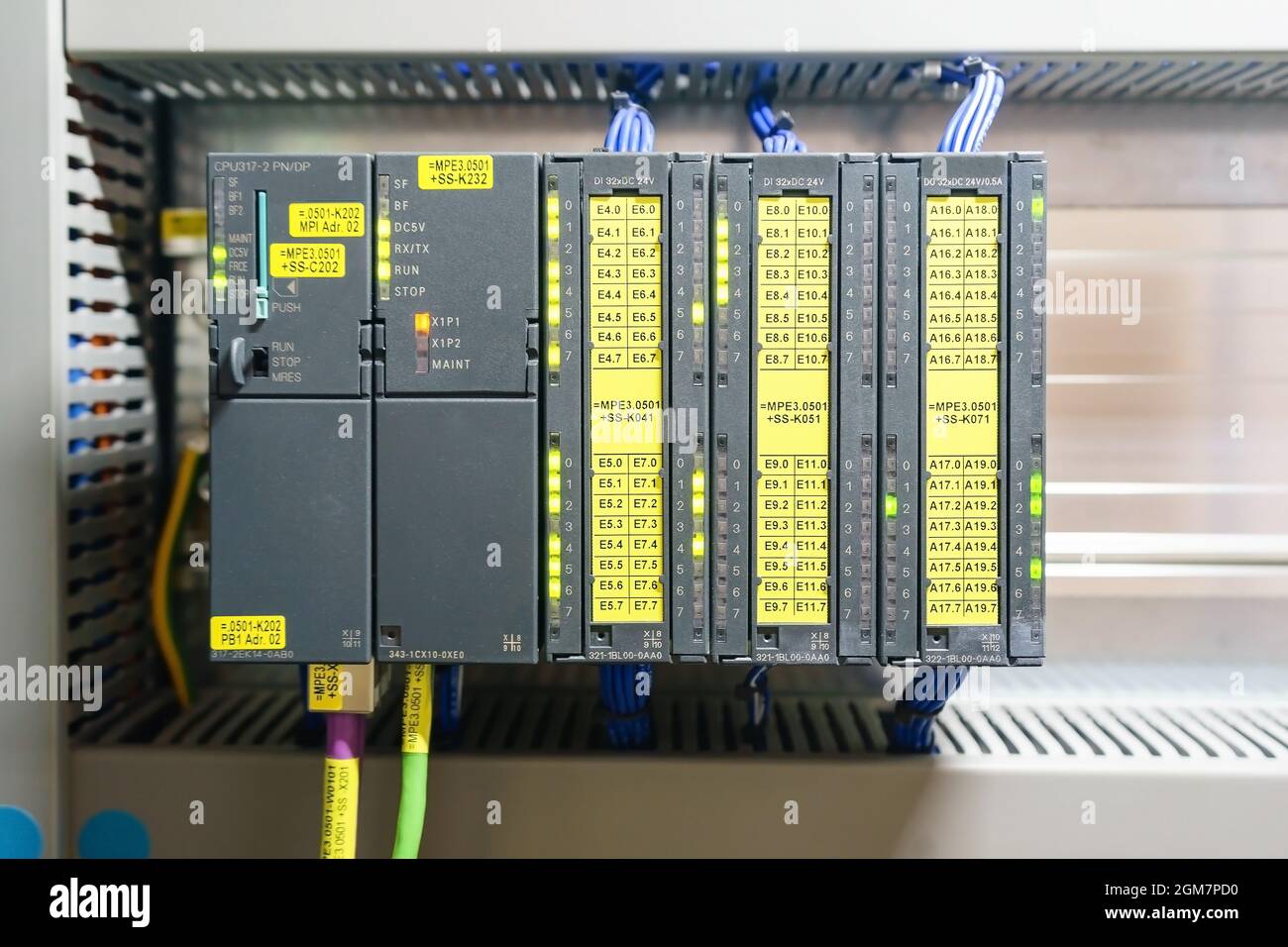 Programmable Logic Controller( PLC ) comprised of analog digital input and output card with power supply and processor module, this being used in oil Stock Photo