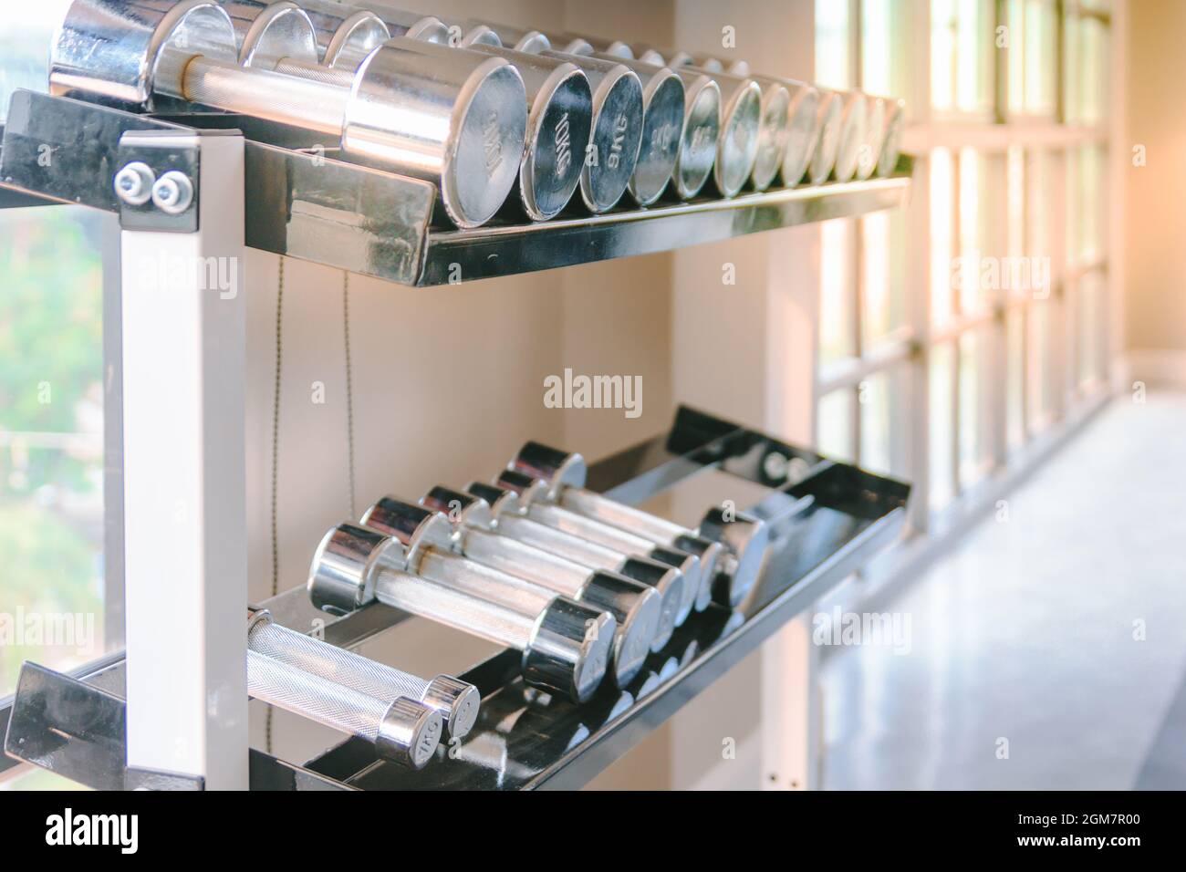 Steel dumbbell set. Close up of dumbbells on rack in sport fitness ...