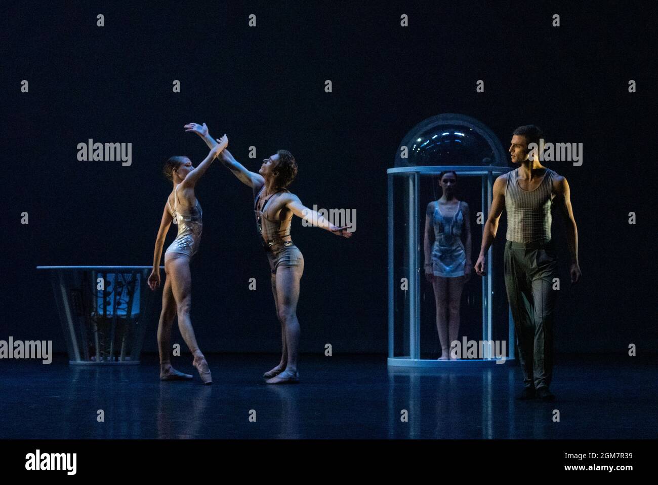 Ukrainian Ballet Gala at Sadler’s Wells. Premiere of Ludovic Ondiviela’s System A/I, a piece in which dancers ponder “the consequences of a scenario in which artificial intelligence has replaced human connection and what that could mean for our emotional lives”. Ukrainian dancers from American Ballet Theatre, Wiener Staatsballett, Lithuanian National Ballet and Toulouse Ballet du Capitole join with stars from The Royal Ballet and English National Ballet. Curated by the Ukrainian dancer (and former Royal Ballet star) Ivan Putrov and British-Ukrainian theatre director Olga Danylyu. London, UK. Stock Photo