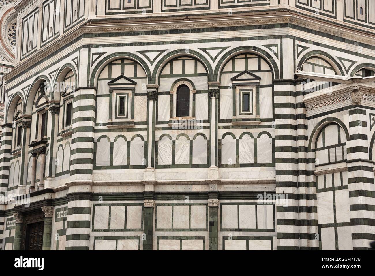 Closeup shot of the Santa Maria del Fiore Cathedral detailed marble wall desig in Florence, Italy Stock Photo