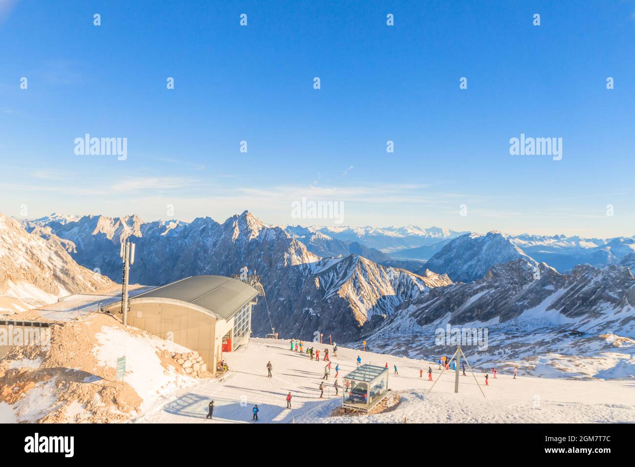Zugspitze Glacier Ski Resort in Bavarian Alps, Germany. The Zugspitze, at 2,962 meters above sea level, is the highest mountain in Germany Stock Photo