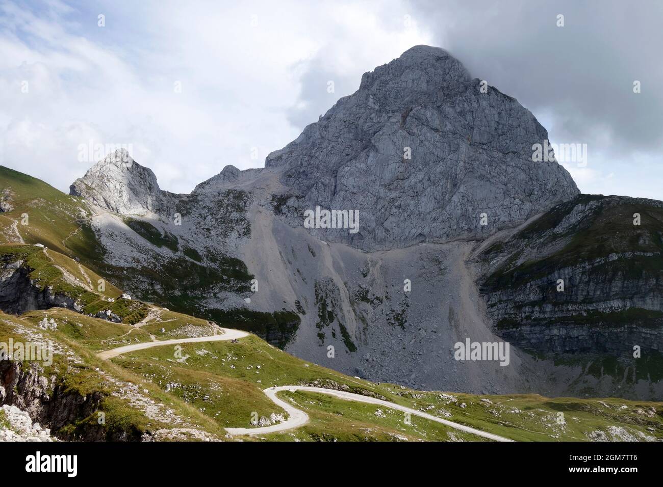 Mangart Peak and  Mangart Pass, Julian Alps, Slovenia Stock Photo