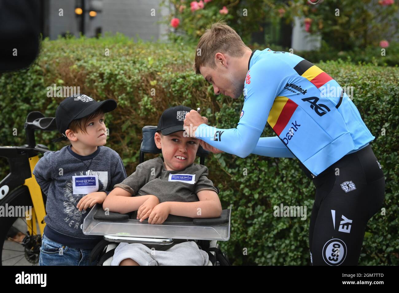 Belgian Remco Evenepoel of Deceuninck - Quick-Step pictured during a meet and greet for Make a Wish foundation with Noah and Skay Wenselaers ahead of Stock Photo