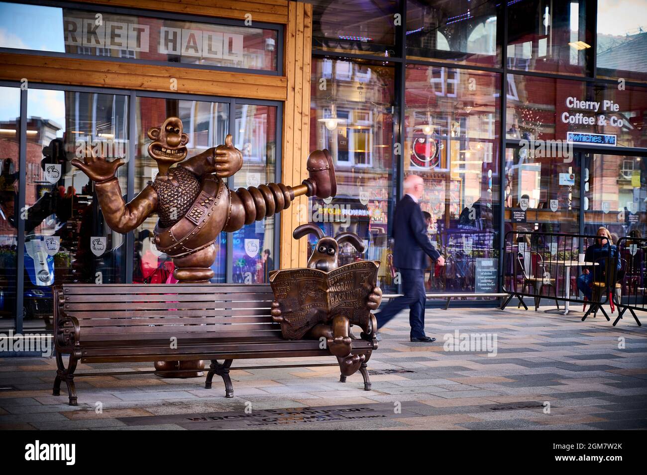The Wallace and Gromit statue in front of the city centre market hall
