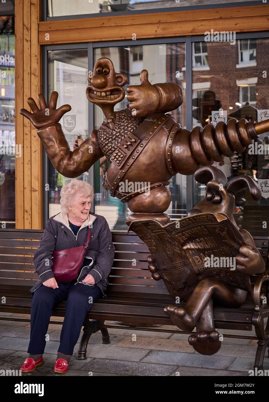 The Wallace and Gromit statue in front of the city centre market hall
