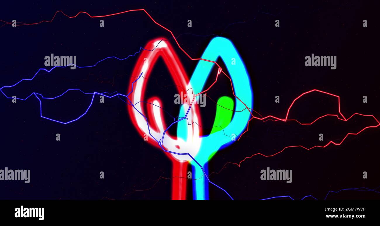Image of red and blue electrical currents over colourful neon light trails on black Stock Photo