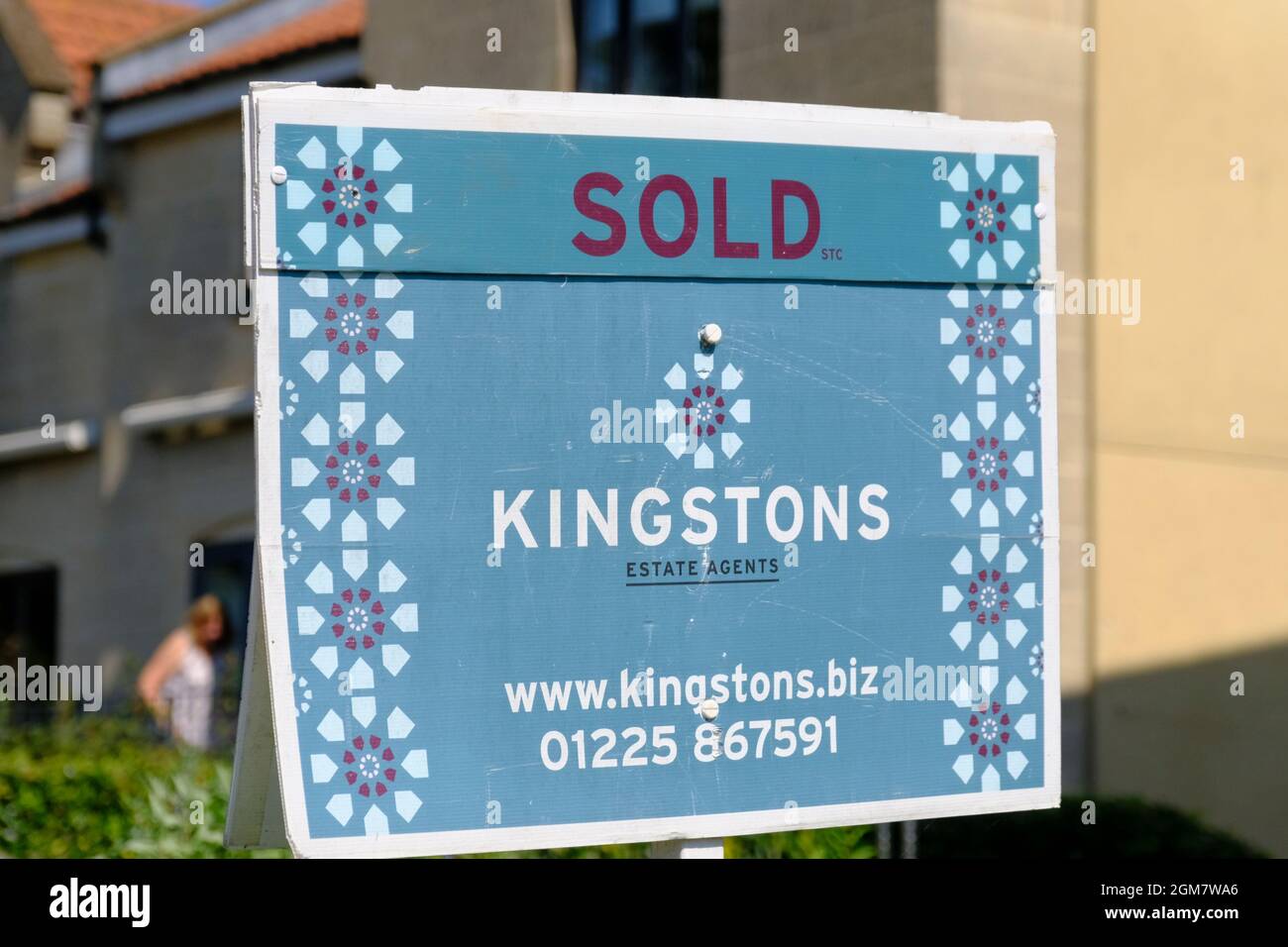 UK Housing market, estate agent sold sign Stock Photo